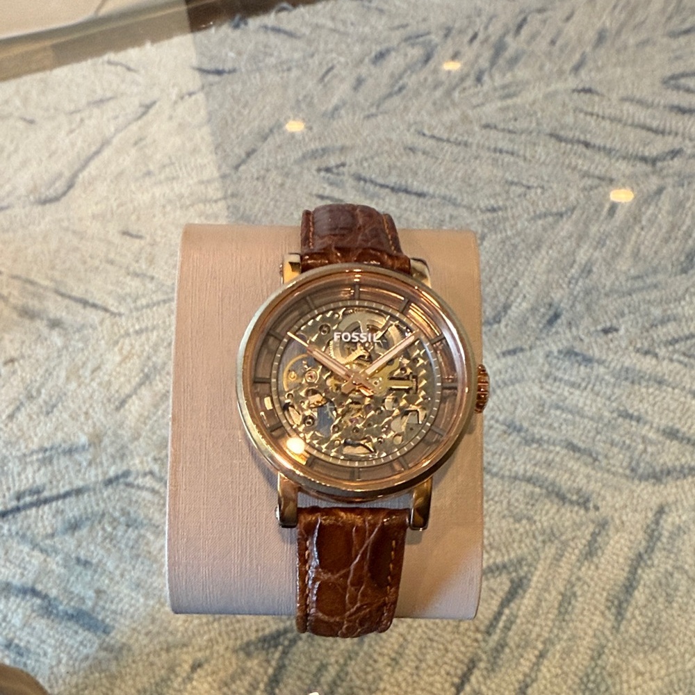 Fossil Gold Skeleton Watch with Brown Leather Strap